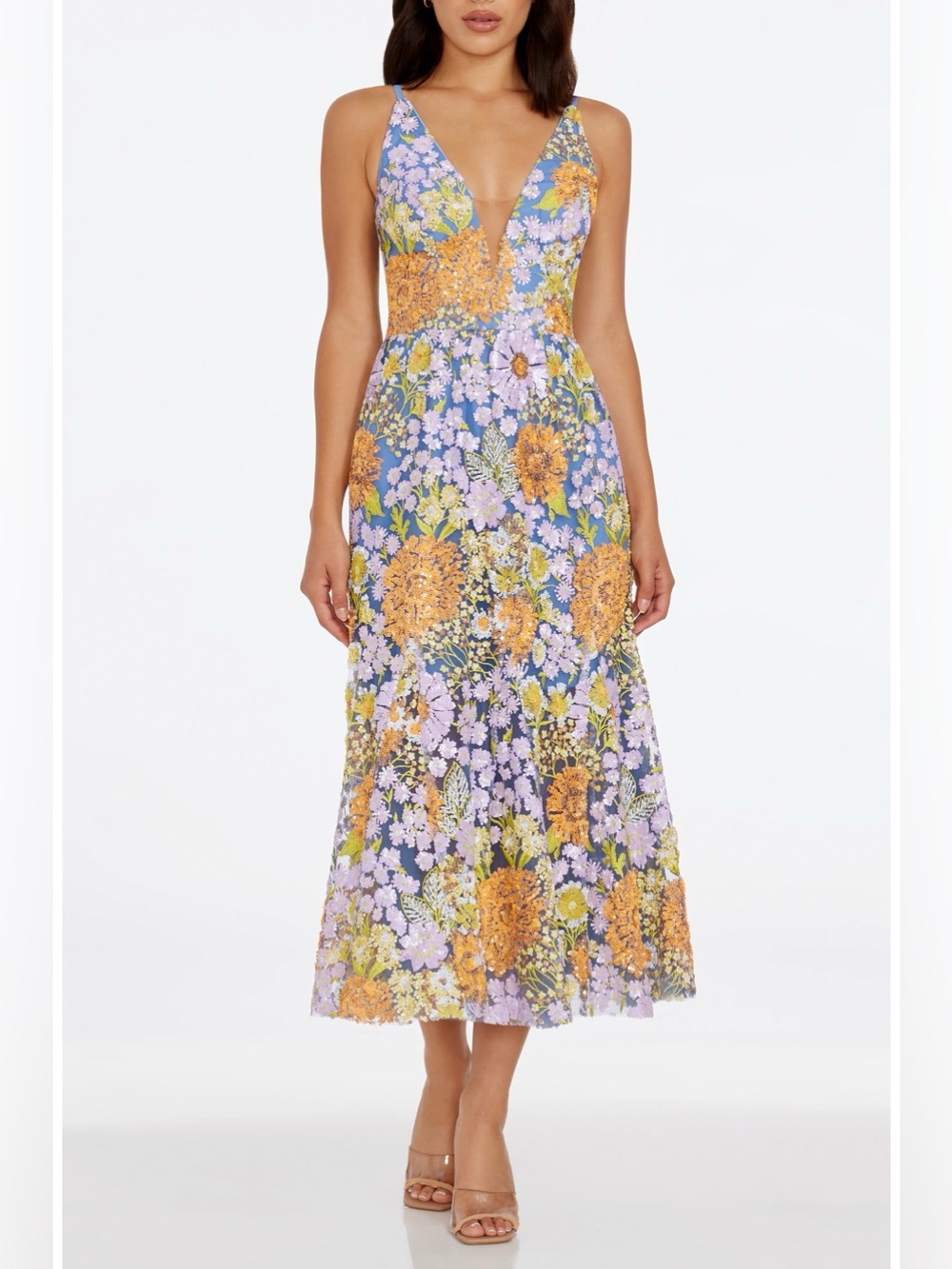 new Dress the Population Sierra floral sequin cocktail midi dress lavender